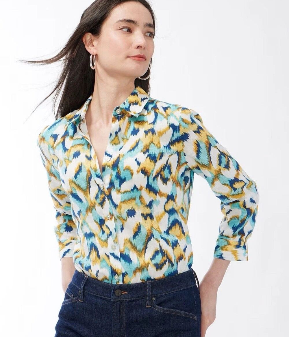 Chico's No-Iron Colorful Ikat Print Linen Long Sleeve Button-Down Shirt Sz 4/20
